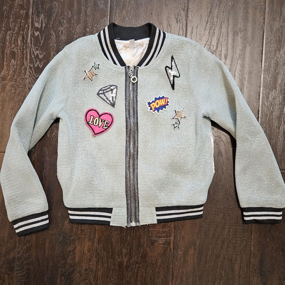 Truly Me Metallic Mesh Bomber Jacket with Patches, Girls Size 6